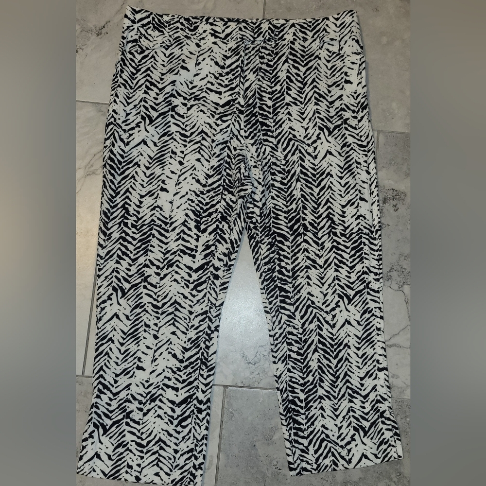 For Cynthia Animal Print Zebra Linen Blend Ivory Black Cropped‎ Pants Sz Large